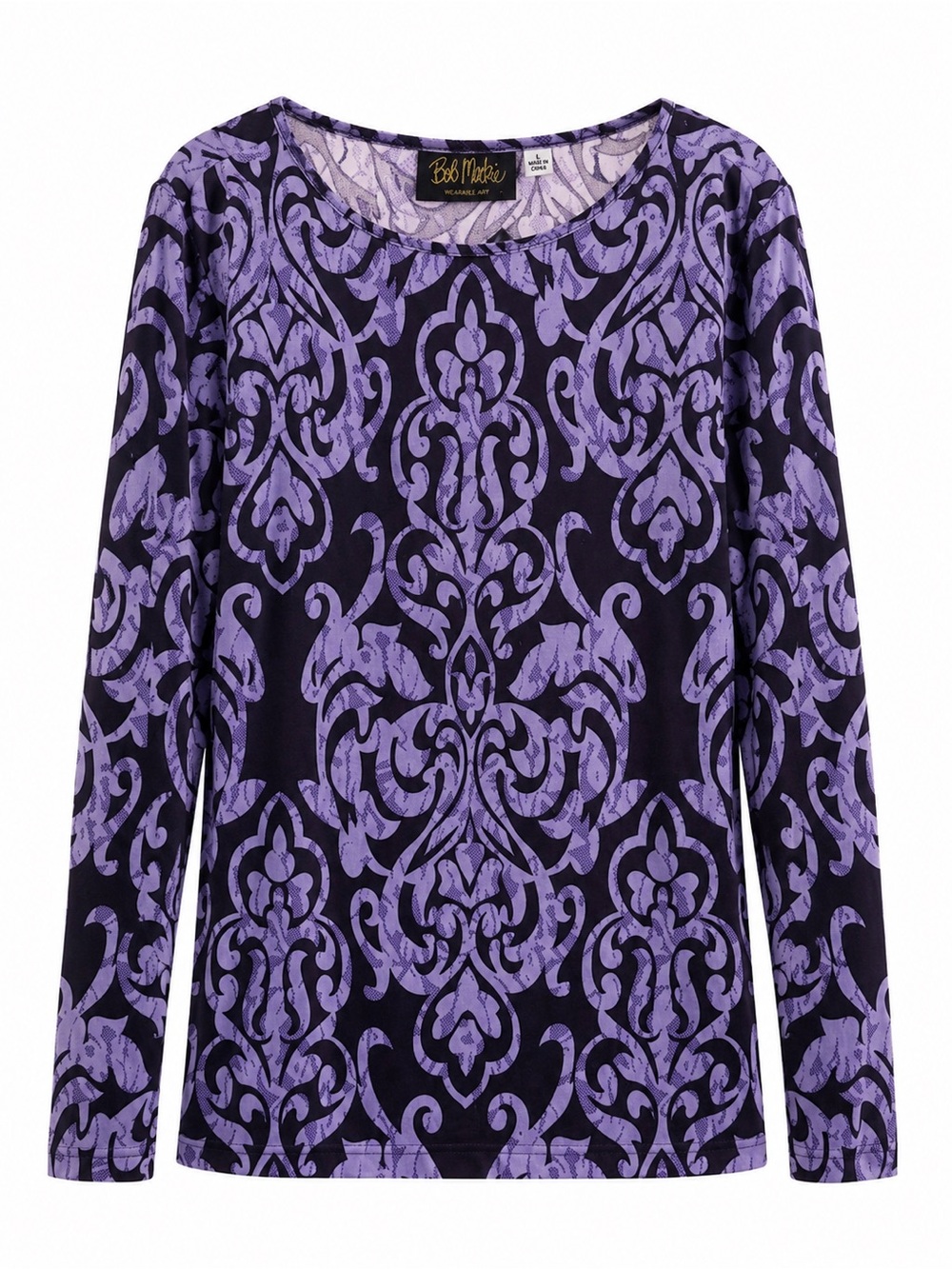 Bob Mackie Wearable Art Purple Black Damask Long Sleeve Top L
